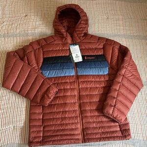 Cotopaxi Men’s Large Fuego Hooded Down Puffer Jacket Orange Nutmeg Stripes NWT